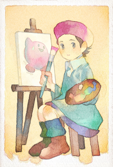 adeleine, blue_eyes, brown_hair, easel, kirby, kirby_(series), kirby_64, looking_at_viewer, nintendo, paint, paintbrush, painting_(medium), paint_palette, red_headwear, sarmatamra, smile, smock, traditional_media, watercolor_(medium)