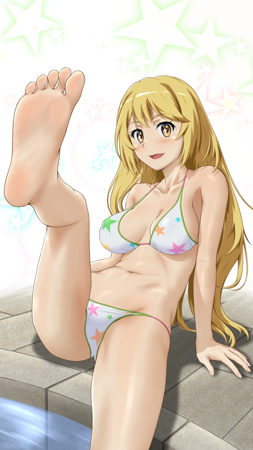1girl, bikini, blonde_hair, blush, breasts, brown_eyes, feet, female_focus