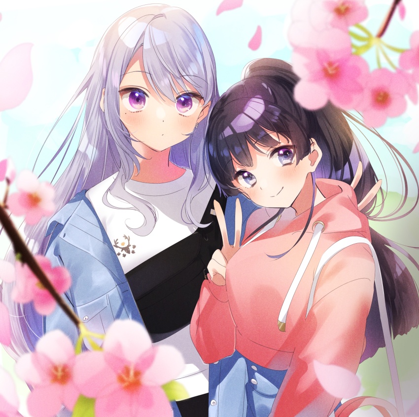 2girls, absurdres, alternate_hairstyle, bag, black_hair, blue_jacket, blush, breasts