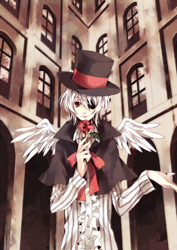 1boy, angel_wings, bad_id, bad_pixiv_id, eyepatch, flower, hat, karu