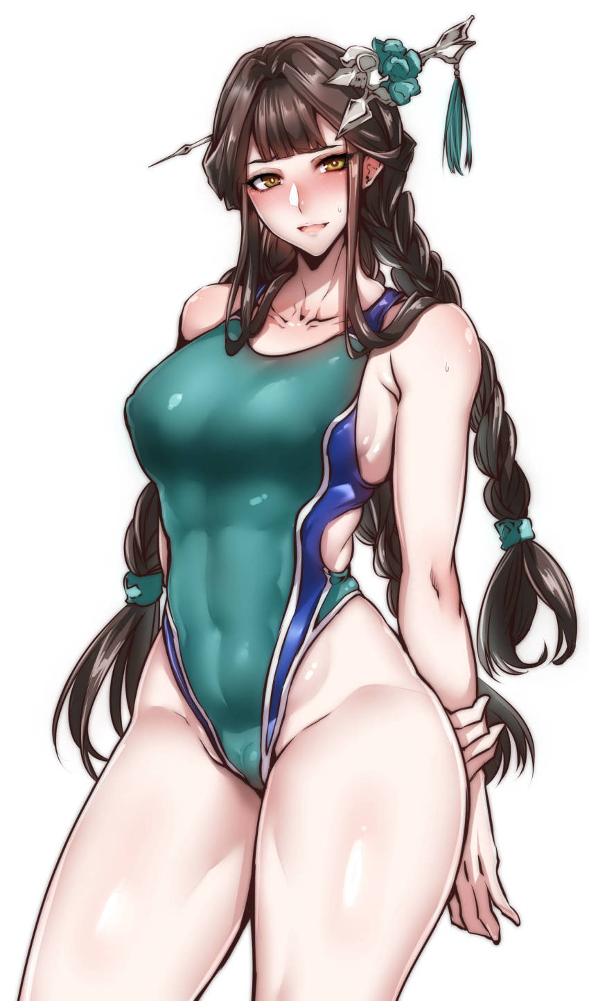 1girl, abs, arms_behind_back, black_hair, blue_one-piece_swimsuit, braid, braided_ponytail, breasts