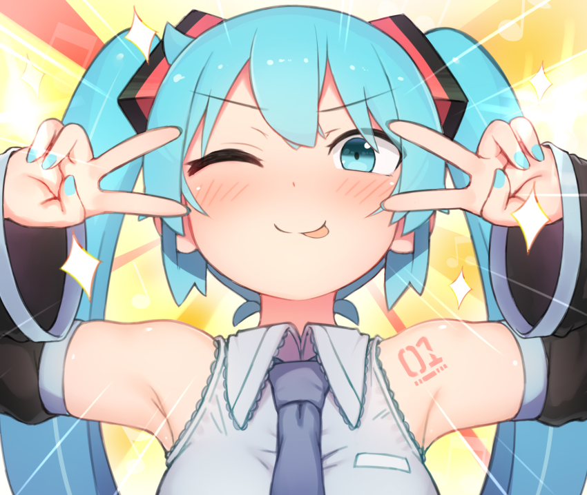 1girl, :p, abmayo, aqua_eyes, aqua_hair, armpits, bare_shoulders, black_sleeves