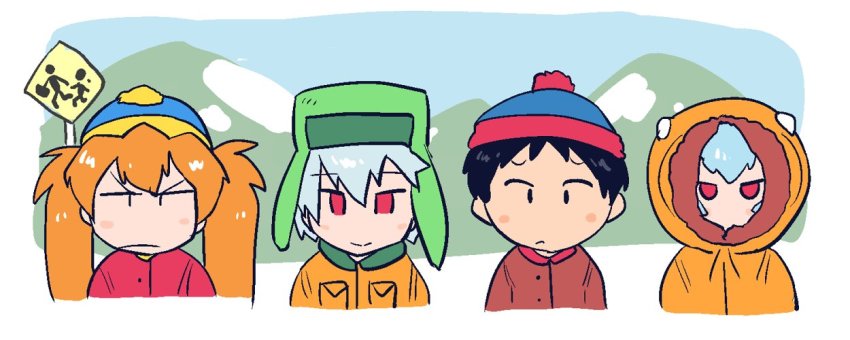 2boys, 2girls, angry, ayanami_rei, beanie, black_hair, blush, closed_mouth, coat, cosplay, day, eric_cartman, eric_cartman_(cosplay), hat, hood, hood_up, ikari_shinji, kenny_mccormick, kenny_mccormick_(cosplay), kyle_broflovski, kyle_broflovski_(cosplay), long_hair, mountain, multiple_boys, multiple_girls, nagisa_kaworu, neon_genesis_evangelion, orange_hair, outdoors, parody, pom_pom_(clothes), rariatto_(ganguri), red_eyes, short_hair, silver_hair, sky, smile, souryuu_asuka_langley, south_park, stan_marsh, stan_marsh_(cosplay), standing, twintails