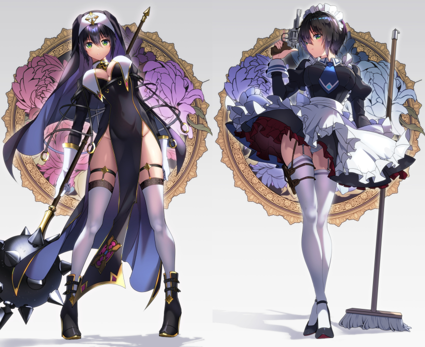 1girl, alternate_costume, apron, black_dress, black_footwear, black_hair, boots, breasts, cleavage, coif, crossed_legs, dress, enmaided, fujiya_takao, full_body, garter_straps, gloves, gold_trim, green_eyes, groin, gun, habit, handgun, high_heel_boots, high_heels, highres, holding, holding_gun, holding_weapon, kusunoki_suzu, large_breasts, leg_strap, looking_at_viewer, mace, maid, maid_apron, maid_headdress, mop, multiple_views, necktie, no_panties, nun, nun_headdress, original, panties, pantyshot, pelvic_curtain, pistol, revolver, short_hair, short_necktie, simple_background, skindentation, standing, thigh_strap, thighhighs, thighs, trigger_discipline, underwear, waist_apron, watson_cross, weapon, white_background, white_gloves, white_panties, white_thighhighs, wing_collar
