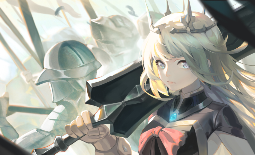 1girl, armor, blonde_hair, blue_eyes, charlotte_(epic_seven), crown, day, epic_seven, flag, gauntlets, highres, looking_at_viewer, over_shoulder, r1zen, solo_focus, upper_body
