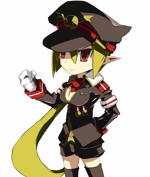 1girl, arm_behind_back, black_hat, blonde_hair, breasts, cleavage, clenched_hand, disgaea