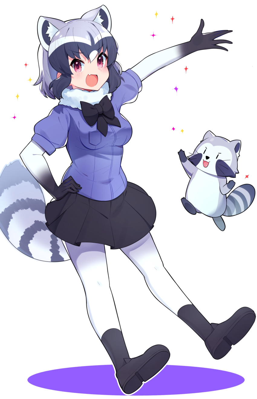 1girl, absurdres, animal_ear_fluff, animal_ears, bad_id, bad_pixiv_id, black_bow, black_bowtie, black_gloves, black_pantyhose, black_skirt, blue_hair, blue_sweater, bow, bowtie, commentary_request, common_raccoon_(kemono_friends), creature_and_personification, elbow_gloves, extra_ears, fang, female_focus, fur_collar, gloves, gradient_gloves, grey_hair, hand_on_own_hip, highres, kemono_friends, multicolored_hair, ono_saki, open_mouth, pantyhose, personification, pink_eyes, pleated_skirt, puffy_short_sleeves, puffy_sleeves, raccoon, raccoon_ears, raccoon_girl, raccoon_tail, short_hair, short_sleeves, skin_fang, skirt, socks, solo, sparkle, sweater, tail, takom, v-shaped_eyebrows, white_fur, white_gloves, white_hair, white_socks