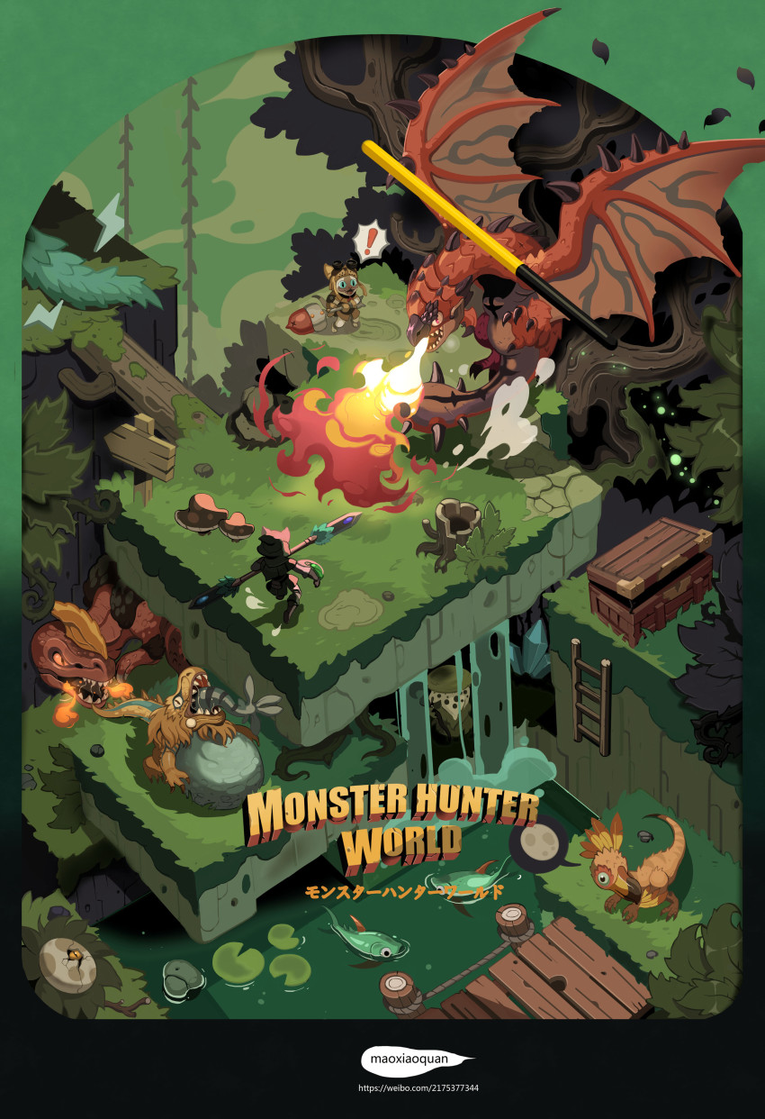 3d, absurdres, anjanath, battle, cat, eating, egg, fighting