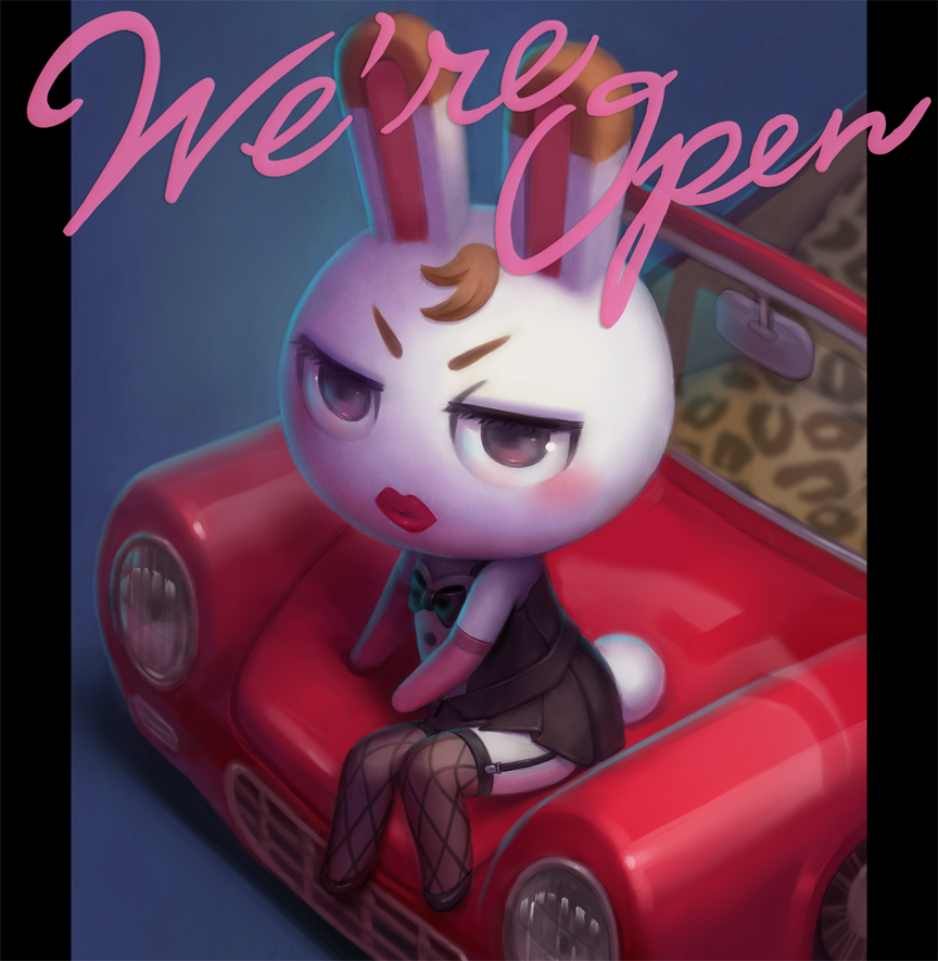 1girl, animal_crossing, animal_ears, animal_focus, bow, bowtie, car, daiyou-uonome, female_focus, furry, furry_female, gloves, lipstick, makeup, motor_vehicle, nintendo, on_car, rabbit, rabbit_ears, rabbit_girl, rabbit_tail, sitting, solo, tail, thighhighs, tiffany_(animal_crossing)