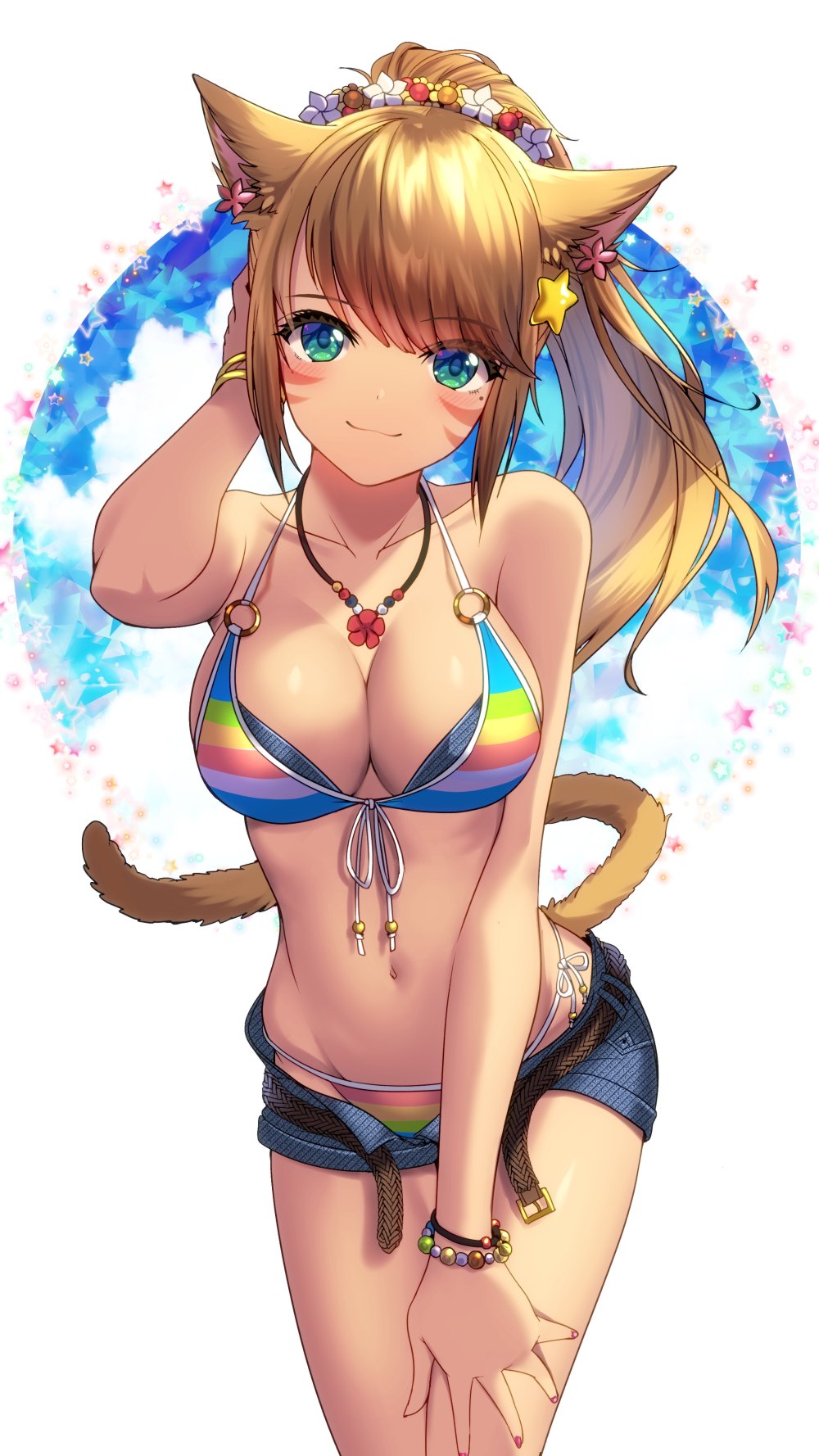1girl, animal_ears, arm_up, bare_shoulders, belt, bikini, bikini_bottom_under_shorts, bikini_under_clothes, blonde_hair, blue_shorts, bracelet, breasts, cat_ears, cat_girl, cat_tail, cleavage, collarbone, commentary_request, cosplay, cowboy_shot, denim, denim_shorts, earrings, facial_mark, female_focus, final_fantasy, final_fantasy_xiv, front-tie_bikini_top, front-tie_top, fujiya_takao, green_eyes, hair_ornament, halterneck, hand_on_own_thigh, highres, idolmaster, idolmaster_cinderella_girls, jewelry, large_breasts, long_hair, looking_at_viewer, miqo'te, mole, mole_under_eye, navel, necklace, ohtsuki_yui, ootsuki_yui_(cosplay), open_belt, open_fly, ponytail, rainbow_bikini, short_shorts, shorts, side-tie_bikini_bottom, smile, solo, standing, stomach, swept_bangs, swimsuit, tail, thighs, unbuckled, unbuttoned, unzipped, warrior_of_light_(ff14)