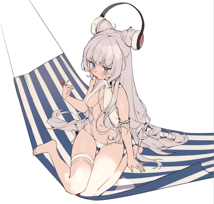 1girl, armband, azur_lane, barefoot, bikini, blue_eyes, blush, double_bun