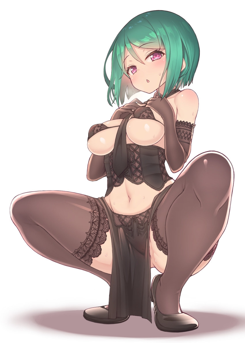 1girl, baakurou, bare_shoulders, black_bra, black_corset, black_footwear, black_gloves, black_thighhighs, blush, bob_cut, bra, breasts, corset, elbow_gloves, female_focus, gloves, green_hair, hair_between_eyes, highres, kiratto_pri_chan, lace, lace-trimmed_legwear, lace_trim, large_breasts, looking_at_viewer, medium_breasts, midorikawa_sara, navel, necktie, open_mouth, pelvic_curtain, pink_eyes, pretty_series, short_hair, solo, squatting, sweat, thighhighs, underwear