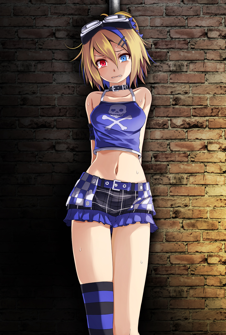 1girl, against_wall, arm_strap, arms_behind_back, asymmetrical_legwear, belt, belt_buckle, blonde_hair, blue_belt, blue_eyes, blue_hair, blue_skirt, blue_tank_top, buckle, choker, clenched_teeth, collar, collarbone, crop_top, female_focus, hair_between_eyes, hair_ornament, hairclip, heterochromia, highres, kagamine_rin, kagamine_rin_(burning_stone), looking_at_viewer, midriff, miniskirt, multicolored_hair, navel, project_diva_(series), red_eyes, restrained, short_hair, single_thighhigh, skirt, skull_print, solo, standing, stomach, striped_clothes, striped_thighhighs, sweatdrop, tank_top, tears, teeth, thighhighs, tsukishiro_saika, two-tone_hair, uneven_legwear, vocaloid