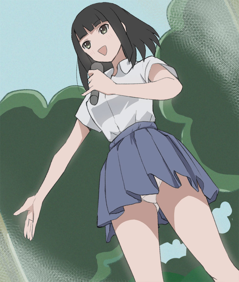 1girl, black_hair, blouse, blue_skirt, blush, crotch_seam, female_focus, gluteal_fold, haruyama_kazunori, kakushigoto, long_hair, long_legs, looking_away, microphone, outdoors, panties, pleated_skirt, school_uniform, senda_naru, serafuku, shirt, short_sleeves, skirt, solo, standing, underwear, upper_body, white_shirt