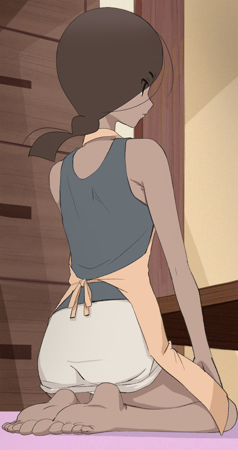 1girl, apron, ass, back, bare_shoulders, dark-skinned_female, dark_skin, feet, female_focus, from_behind, full_body, haruyama_kazunori, kakushigoto, kneeling, long_hair, nadila, shirt, skirt, solo, toes