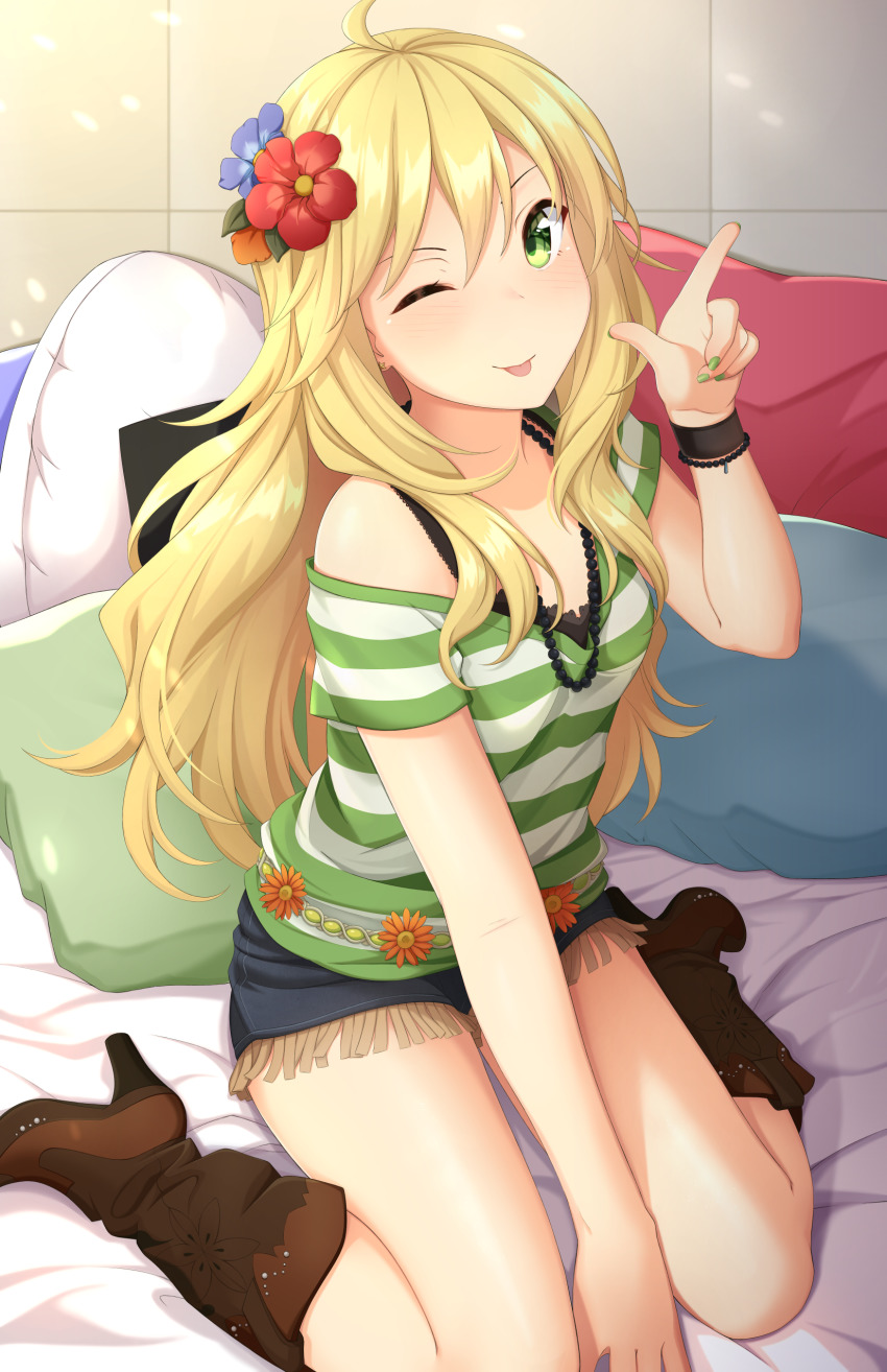 1girl, absurdres, ahoge, bare_shoulders, bed, belt, between_legs, blonde_hair
