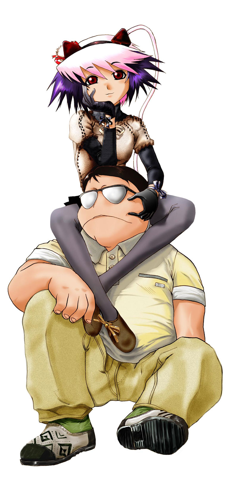 1990s_(style), 1boy, 1girl, excel_saga, fat, fat_man, glasses, gloves