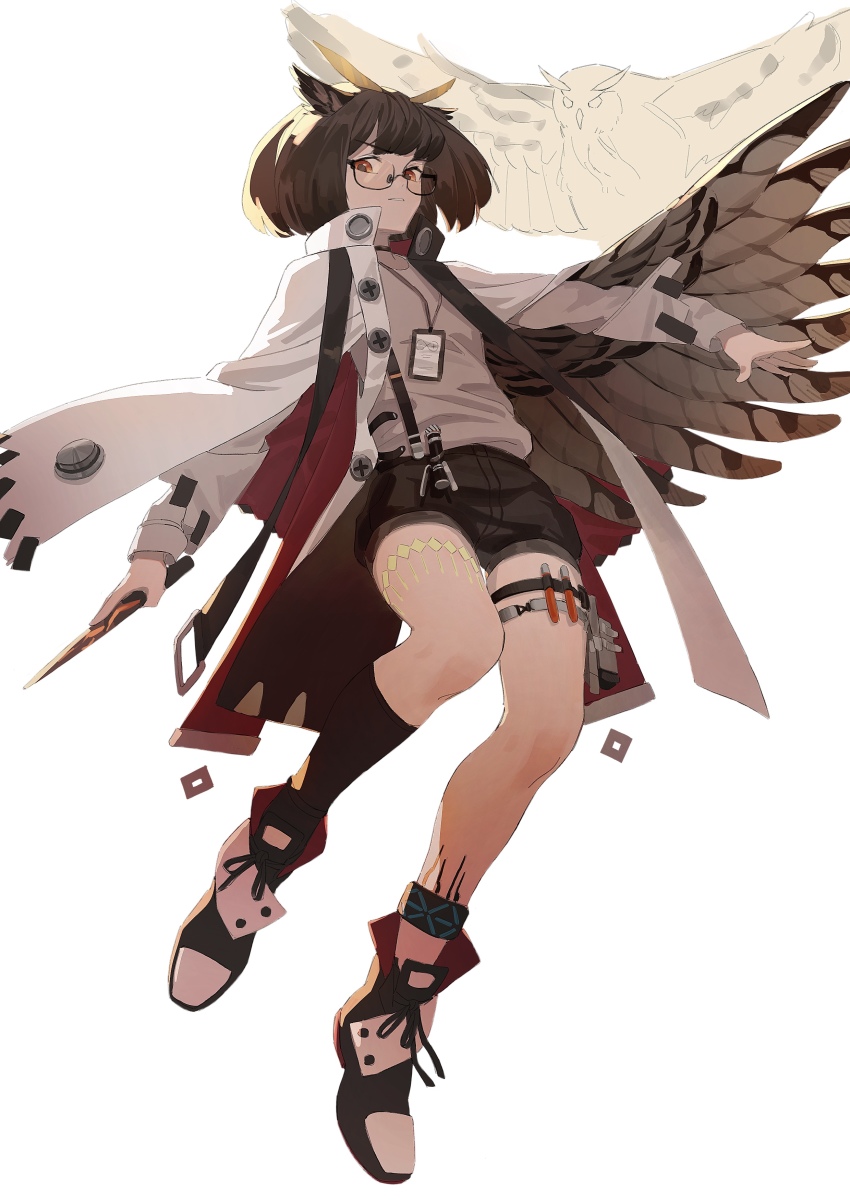 1girl, absurdres, anklet, arknights, bird, bird_wings, black-framed_eyewear, black_boots, black_choker, black_shorts, black_socks, boots, brown_hair, chinese_commentary, choker, coat, commentary, feather_hair, feather_hair_ornament, feathers, female_focus, flat_chest, floating, full_body, glasses, grey_shirt, hair_ornament, highres, holster, jacket, jacket_on_shoulders, jewelry, kneehighs, lab_coat, lanyard, long_sleeves, looking_at_viewer, material_growth, orange_eyes, oripathy_lesion_(arknights), outstretched_hand, owl, owl_ears, parted_lips, rhine_lab_logo, round_eyewear, rui_(1079069837), semi-rimless_eyewear, shirt, short_hair, short_shorts, shorts, silence_(arknights), silence_(elite_ii)_(arknights), simple_background, single_kneehigh, single_sock, socks, solo, test_tube, thigh_holster, thigh_strap, thighs, white_background, white_coat, wings