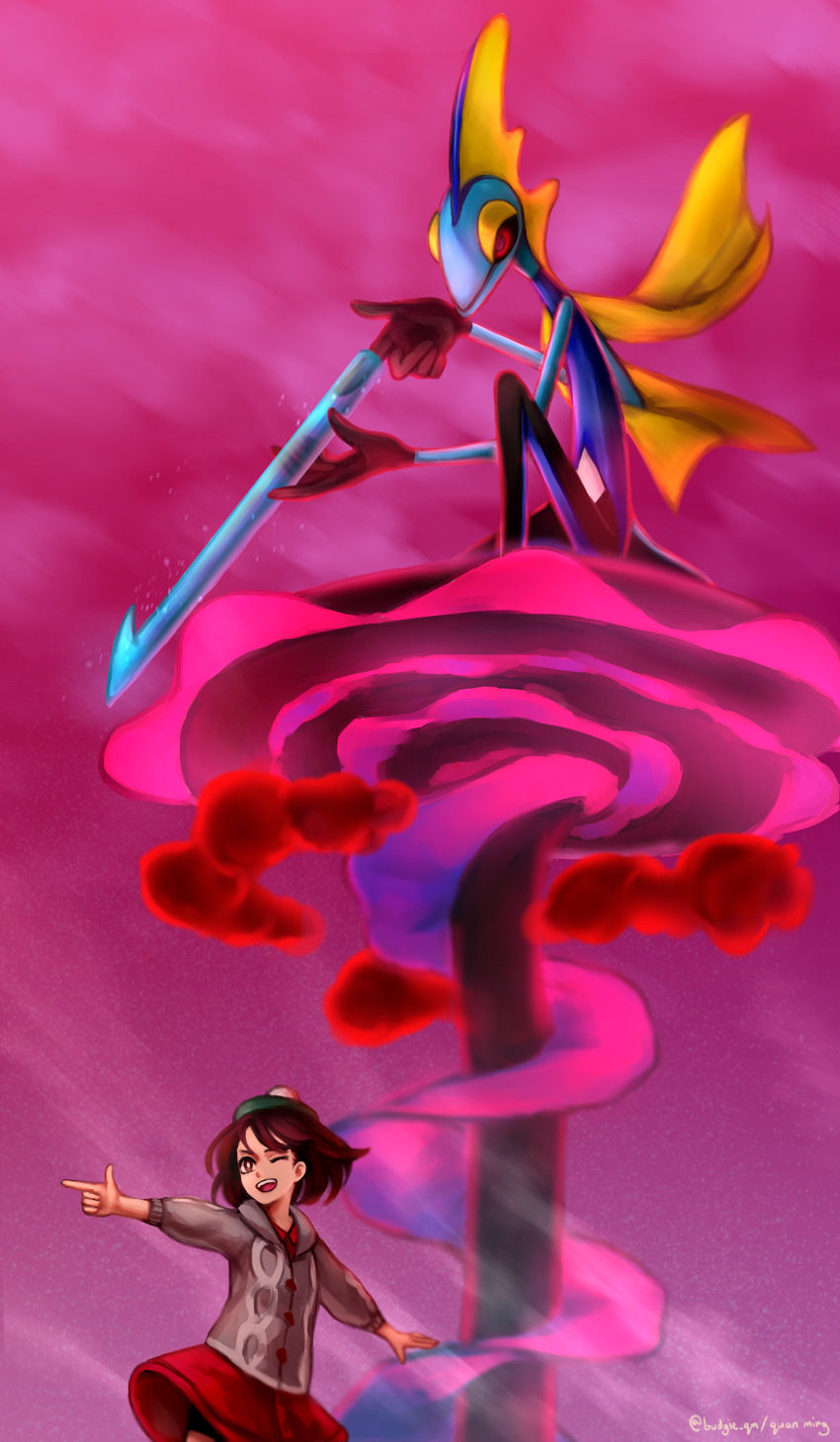 1girl, ;d, absurdres, brown_eyes, brown_hair, commentary, creature, dress