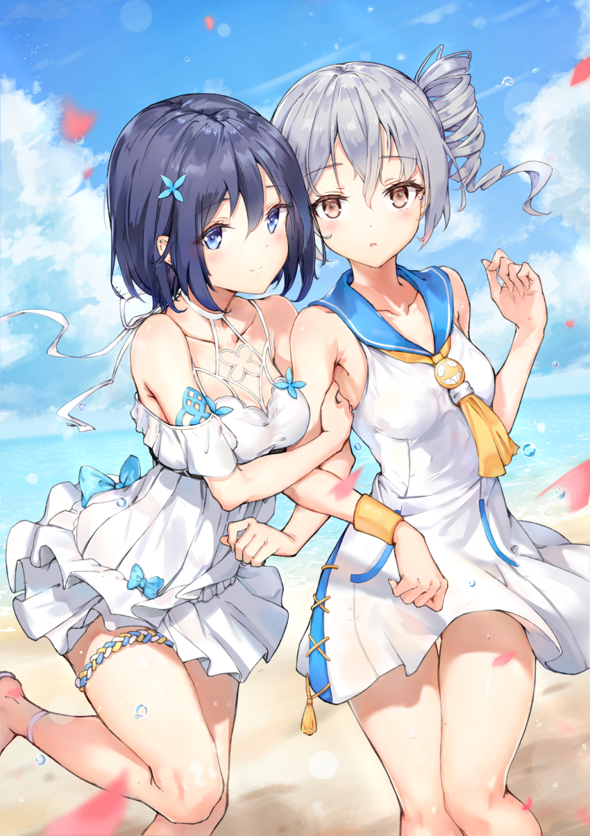 2girls, arm_hug, bare_shoulders, beach, blue_bow, blue_eyes, blue_hair, blue_sailor_collar