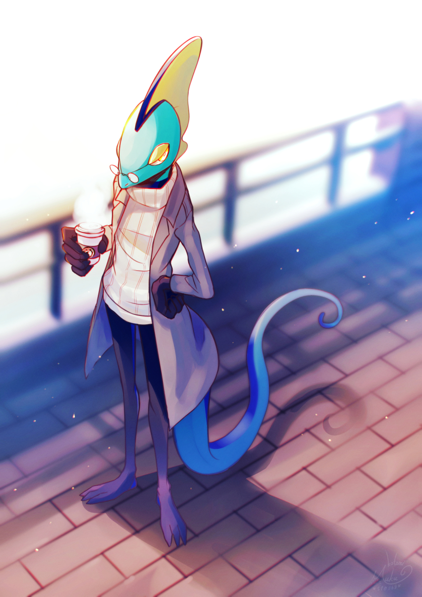 clothed_pokemon, commentary_request, creature, cup, furry, gen_8_pokemon, glasses, hand_on_own_hip