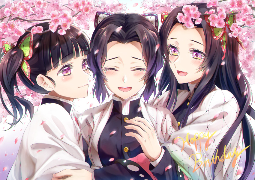 3girls, absurdres, animal_print, black_hair, blunt_bangs, blush, branch, breasts