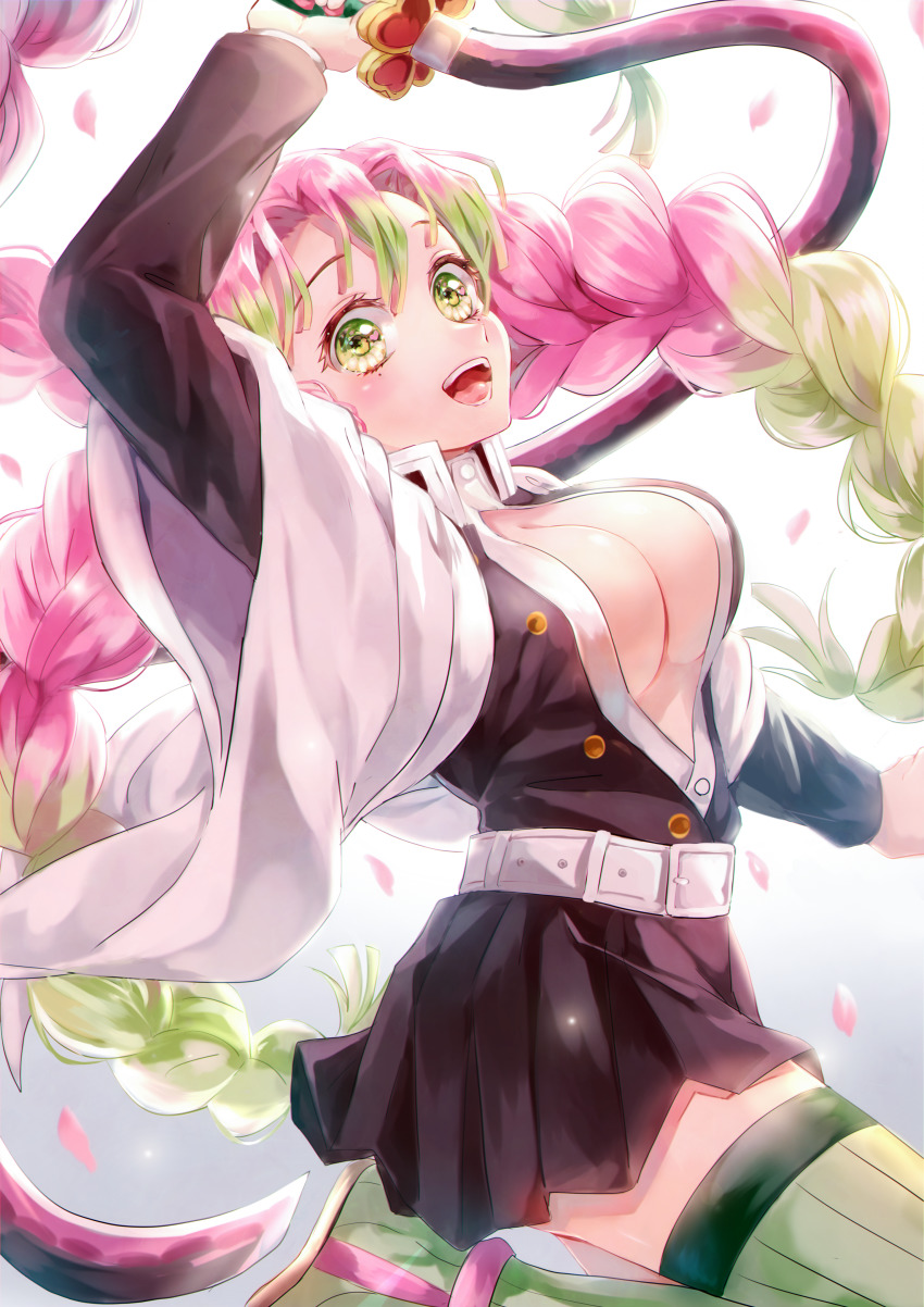 1girl, :d, absurdres, arm_up, belt, black_skirt, blouse, blush