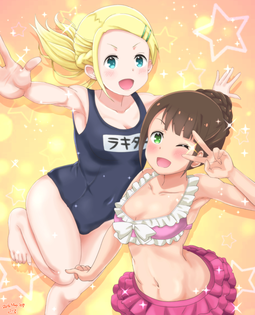 2girls, asymmetrical_bangs, bikini, bikini_skirt, blonde_hair, blunt_bangs, blush, bow