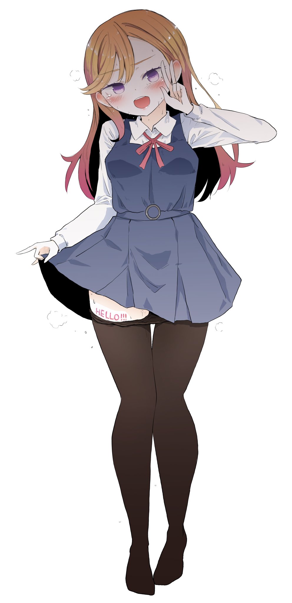 1girl, ast, black_pantyhose, blush, body_writing, breath, clothes_pull, collared_shirt