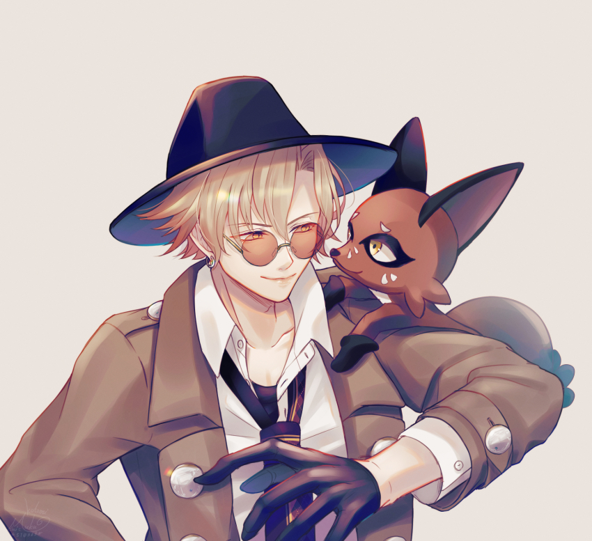 1boy, brown_hair, commentary_request, creature, eye_contact, fox, gen_8_pokemon, hat