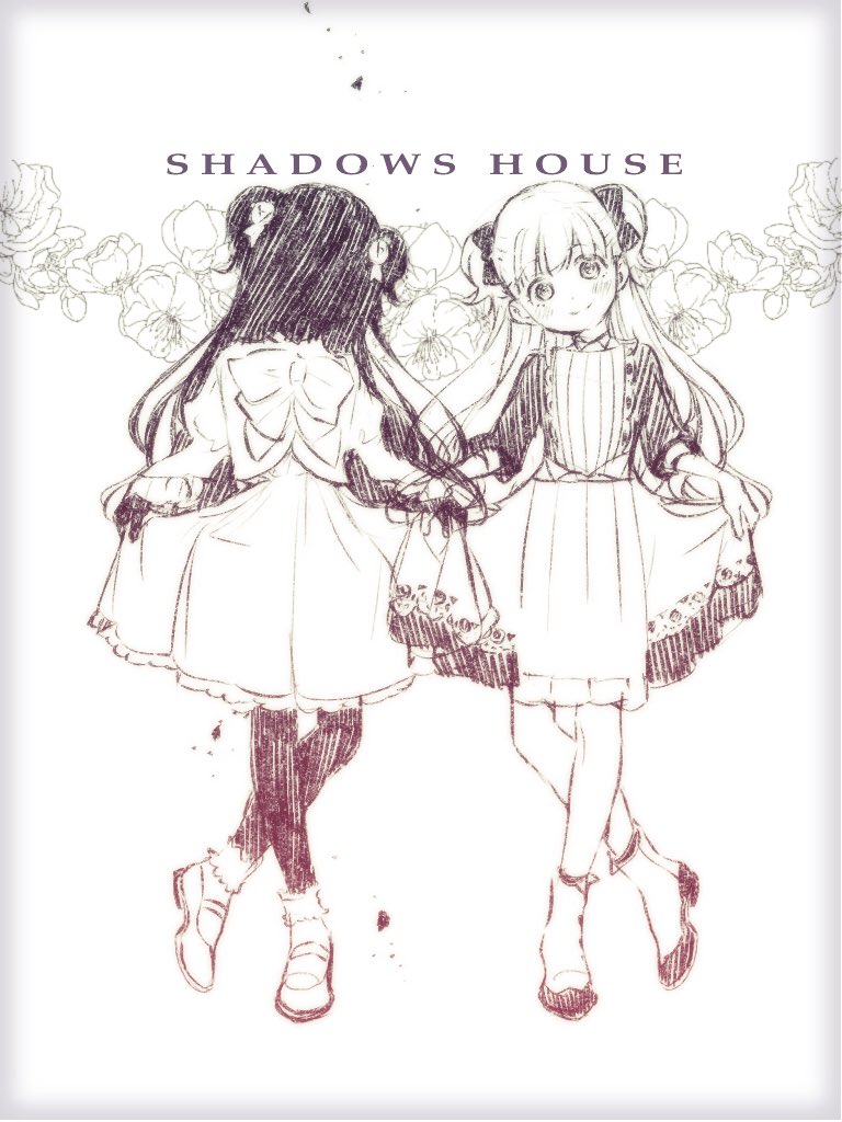 2girls, copyright_name, curtsey, emilico_(shadows_house), flower, frilled_legwear, hair_ribbon, holding_own_dress