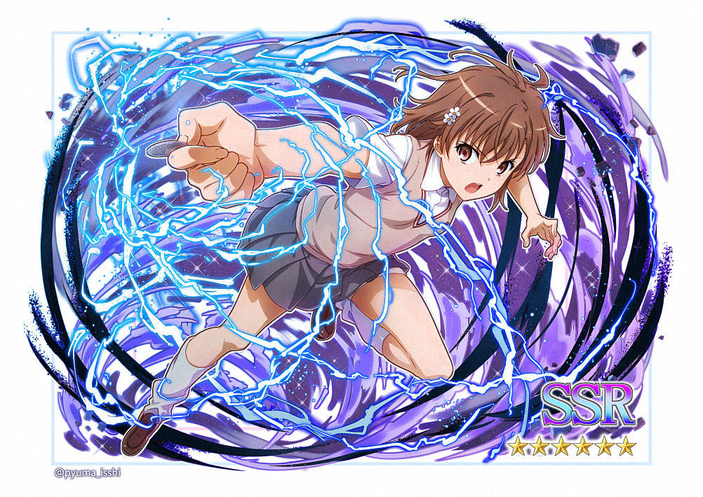 1girl, action, aiming, attack, beige_shorts, biribiri, brown_eyes, brown_hair, brown_shoes, coin, commentary_request, electricity, electrokinesis, fantasy, female_focus, foreshortening, full_body, glowing, grey_skirt, holding, holding_coin, incoming_attack, isshi_pyuma, loafers, looking_at_viewer, loose_socks, magnetism, metal, metal_sand, misaka_mikoto, pleated_skirt, psychic, railgun, school_uniform, science_fiction, shoes, short_hair, shorts, shorts_under_skirt, skirt, socks, solo, star_(symbol), sweater_vest, toaru_kagaku_no_railgun, toaru_majutsu_no_index, tokiwadai_school_uniform, twitter_username, white_legwear