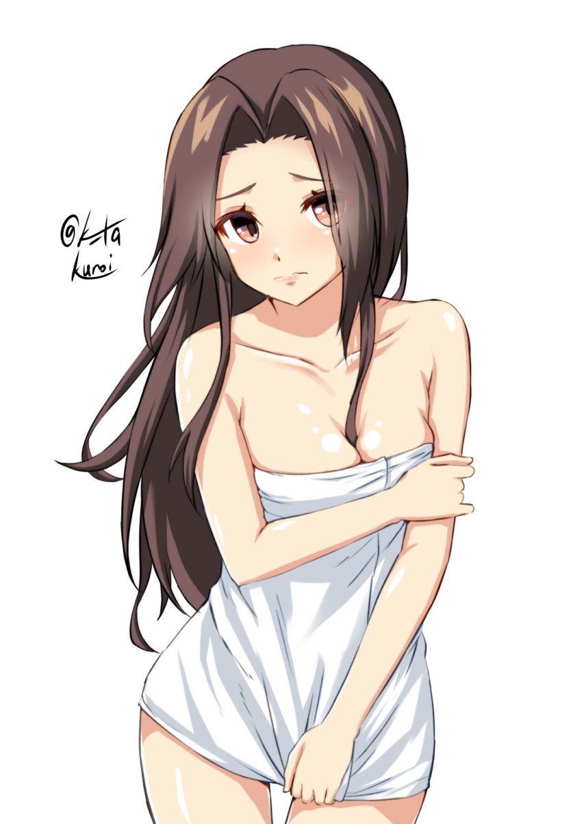 1girl, alternate_sleeve_length, artist_name, breasts, brown_eyes, brown_hair, cleavage, collarbone