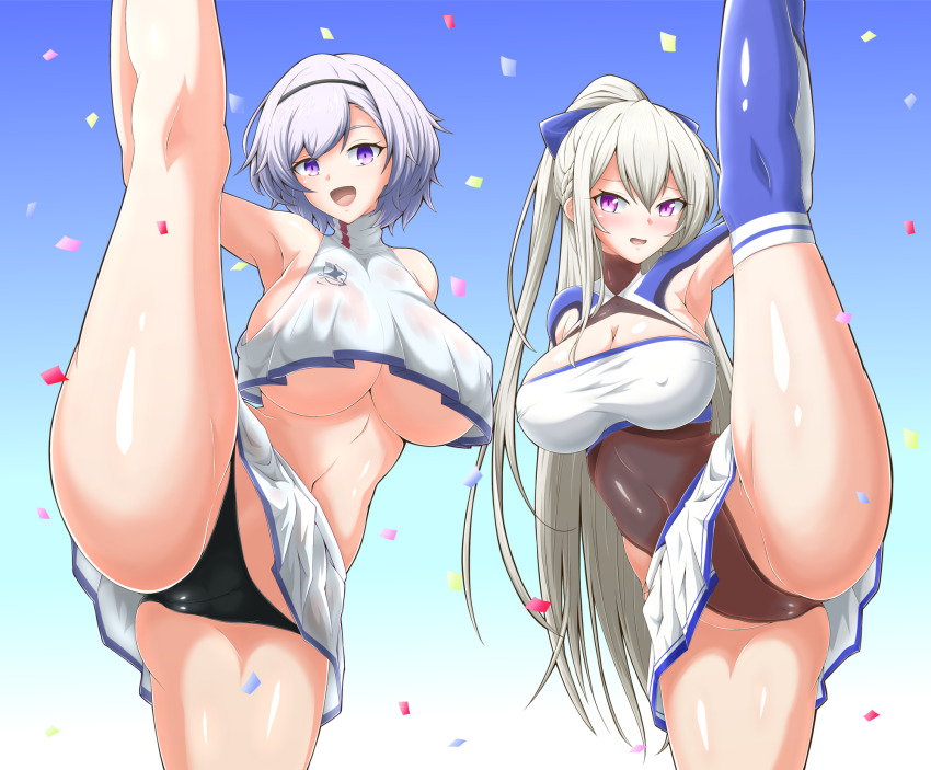 2girls, :d, arm_behind_back, armpit_cutout, armpits, ass, azur_lane, bare_legs, bare_shoulders, black_hairband, black_panties, blue_background, blue_thighhighs, blush, bow, braid, breasts, casablanca_(azur_lane), casablanca_(cheer_squad_on_break)_(azur_lane), cheerleader, cleavage, cleft_of_venus, clothing_cutout, commentary_request, confetti, covered_collarbone, covered_erect_nipples, covered_navel, cowboy_shot, crop_top, crop_top_overhang, eagle_union_(emblem), gradient_background, grey_hair, groin, hair_between_eyes, hair_bow, hairband, highres, holding_own_foot, kumanosita, large_breasts, leg_grab, leg_lift, leg_up, leotard, leotard_under_clothes, long_hair, long_sleeves, looking_at_viewer, midriff, miniskirt, multiple_girls, navel, no_bra, nose_blush, open_mouth, panties, parted_hair, pleated_skirt, purple_bow, purple_eyes, reno_(azur_lane), reno_(biggest_little_cheerleader)_(azur_lane), see-through_clothes, see-through_skirt, shiny_clothes, shiny_skin, shirt, short_hair, sidelocks, simple_background, skirt, sleeveless, smile, split, standing, standing_on_one_leg, standing_split, thighhighs, two-tone_skirt, underboob, underwear, white_background, white_skirt