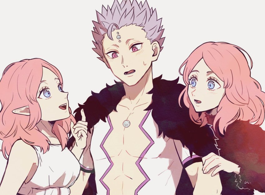 1boy, 2girls, black_clover, blue_eyes, collarbone, commentary_request, dress, dual_persona, elf, fana_(black_clover), fana_(elf)_(black_clover), fana_(human)_(black_clover), fur-trimmed_shirt, fur_trim, highres, mars_(black_clover), mokuzu20, multiple_girls, muscular, open_clothes, open_mouth, open_shirt, pink_hair, pointy_ears, purple_eyes, shirt, short_hair, silver_hair, spiked_hair, surprised, sweatdrop, white_dress, wide-eyed