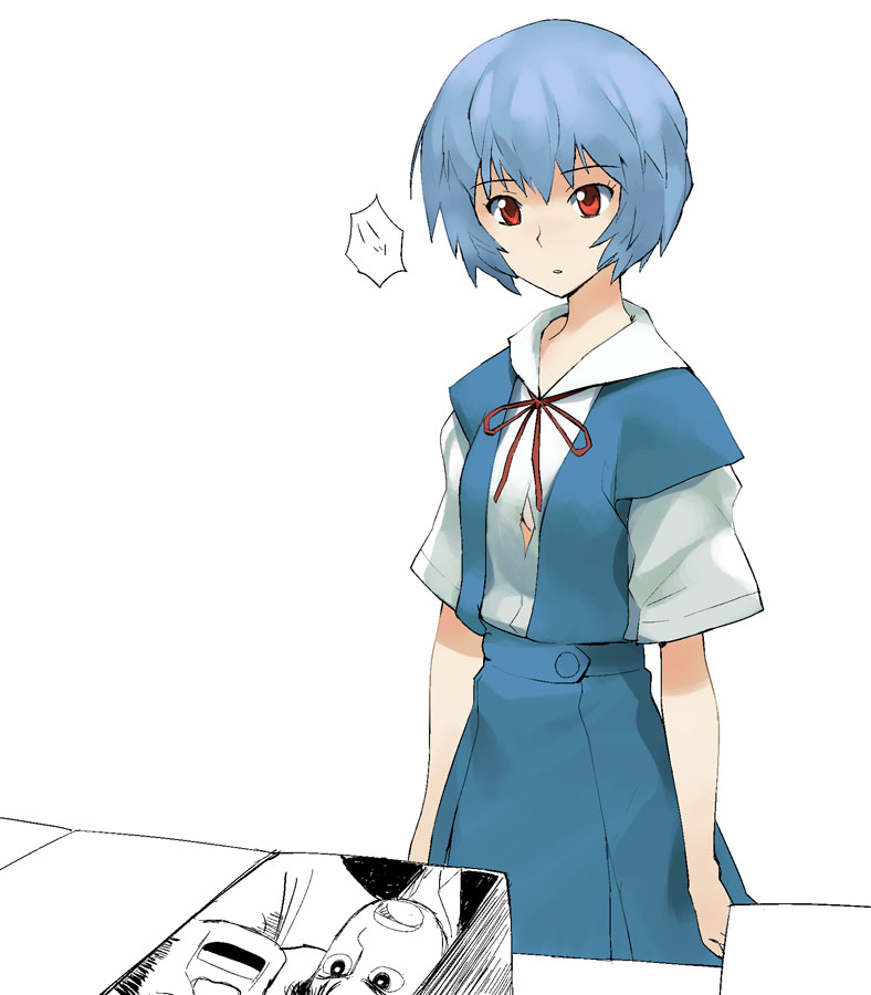 1girl, a1_(initial-g), ayanami_rei, blue_hair, bra, kaibara_yuzan, lingerie, manga_(object), neon_genesis_evangelion, oishinbo, pornography, red_eyes, short_hair, underwear, yamaoka_shirou, yaoi_(object)