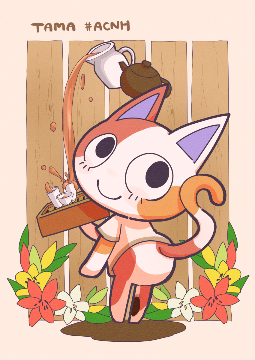 1girl, absurdres, animal_crossing, animal_ears, ass, back, cat, cat_ears, cat_tail, character_name, copyright_name, cup, female_focus, flower, furry, furry_female, highres, huge_filesize, leaf, nintendo, purrl_(animal_crossing), satojoyu, solo, tail, teacup, teapot