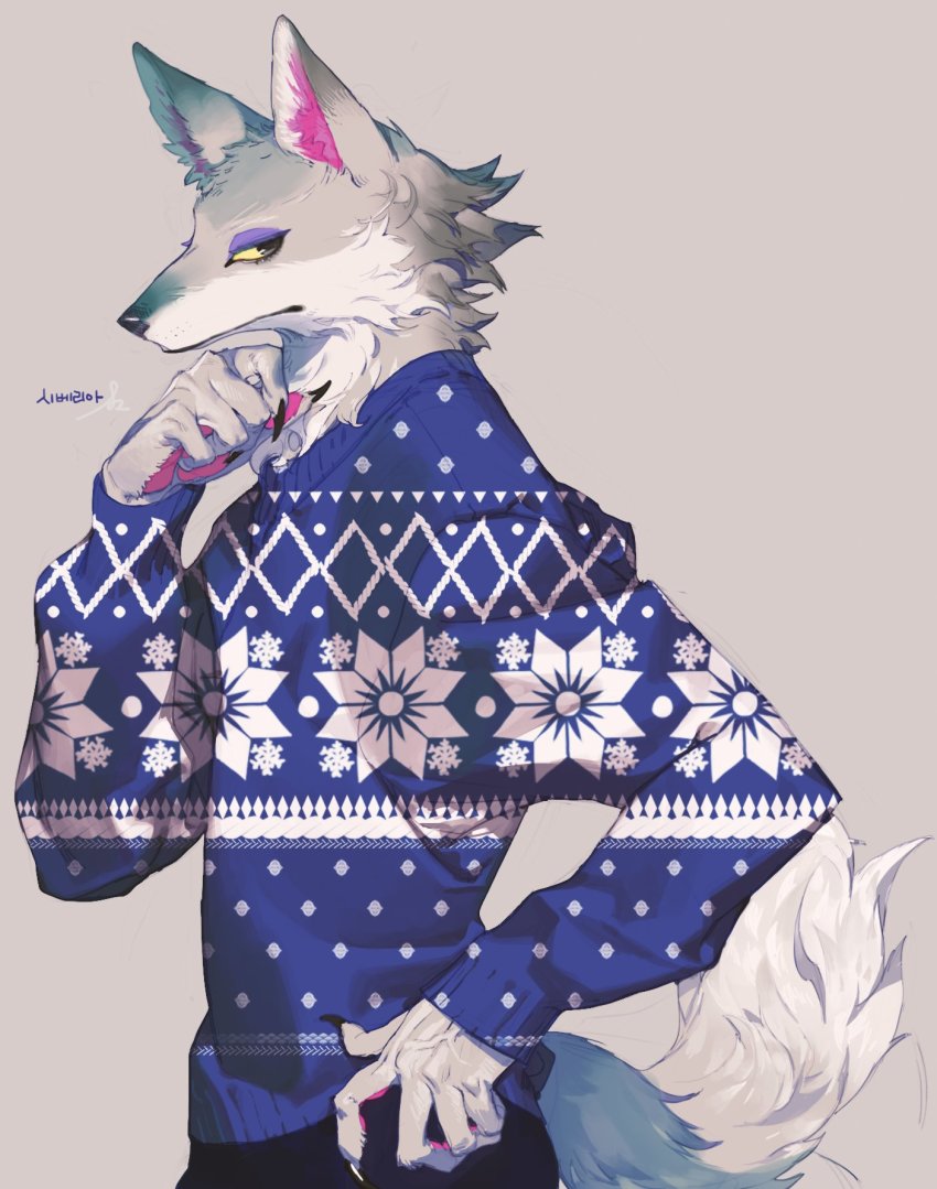 1boy, animal_crossing, animal_ear_fluff, animal_ears, black_pants, blue_sweater, body_fur, claws