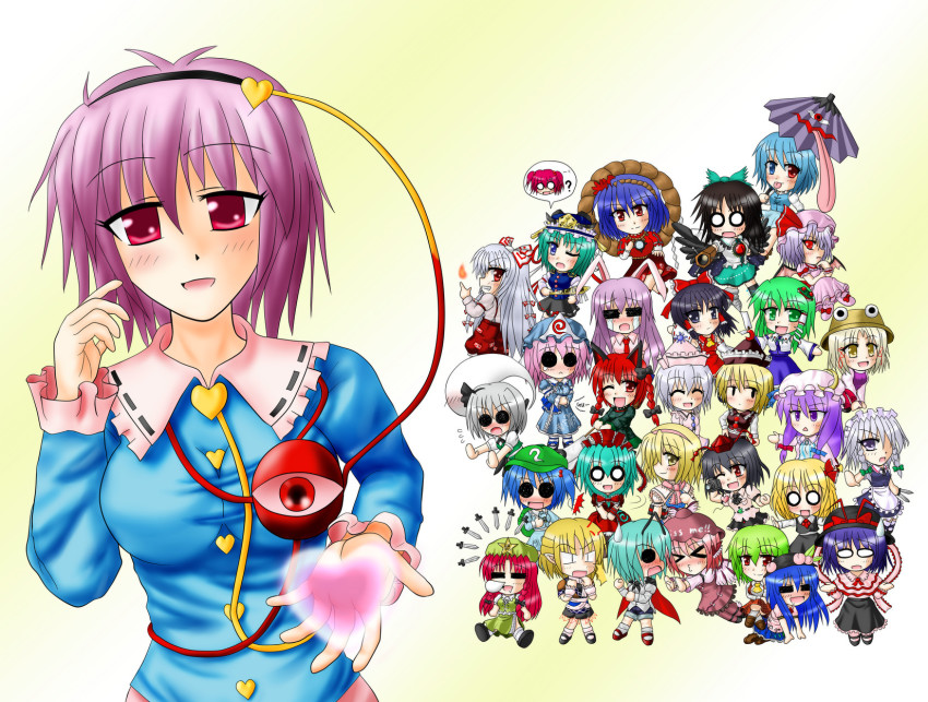 6+girls, alice_margatroid, blonde_hair, breasts, chibi, everyone, female_focus, fujiwara_no_mokou, hakurei_reimu, heart, highres, hinanawi_tenshi, hitodama, hong_meiling, izayoi_sakuya, kaenbyou_rin, kagiyama_hina, karakasa_obake, kawashiro_nitori, kazami_yuuka, kochiya_sanae, komeiji_satori, konpaku_youmu, konpaku_youmu_(ghost), large_breasts, lunasa_prismriver, md5_mismatch, medium_breasts, merlin_prismriver, mizuhashi_parsee, moriya_suwako, multiple_girls, mystia_lorelei, nagae_iku, o_o, onozuka_komachi, patchouli_knowledge, reisen_udongein_inaba, reiuji_utsuho, remilia_scarlet, rumia, saigyouji_yuyuko, shameimaru_aya, shiki_eiki, tatara_kogasa, touhou, umbrella, wriggle_nightbug, yani_tama, yasaka_kanako