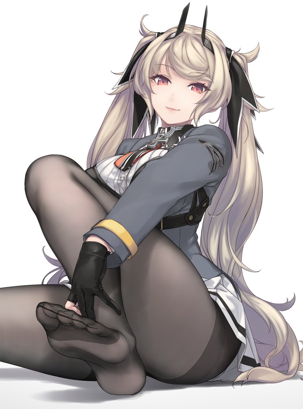 1girl, ash_arms, black_pantyhose, cross, eyelashes, feet, female_focus, fw190_(ash_arms), highres, iron_cross, long_hair, looking_at_viewer, messy_hair, pantyhose, sitting, smile, soles, solo, toes, twintails, very_long_hair