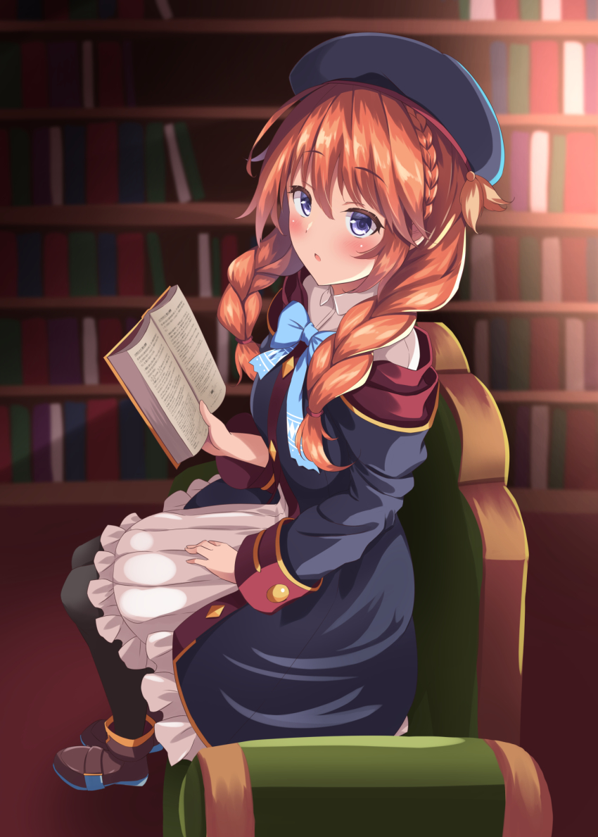 1girl, armchair, beret, black_coat, black_hat, black_pantyhose, blue_bow, blush