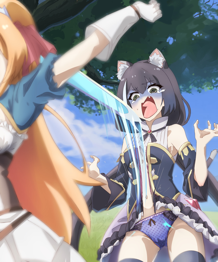 2girls, @_@, absurdres, animal_ear_fluff, animal_ears, black_hair, black_legwear, blue_sky