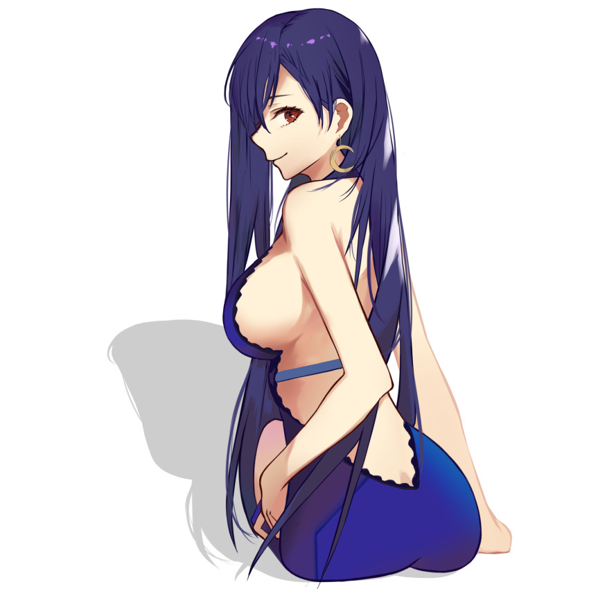 1girl, ass, back, backless_dress, backless_outfit, blue_dress, blue_hair, breasts
