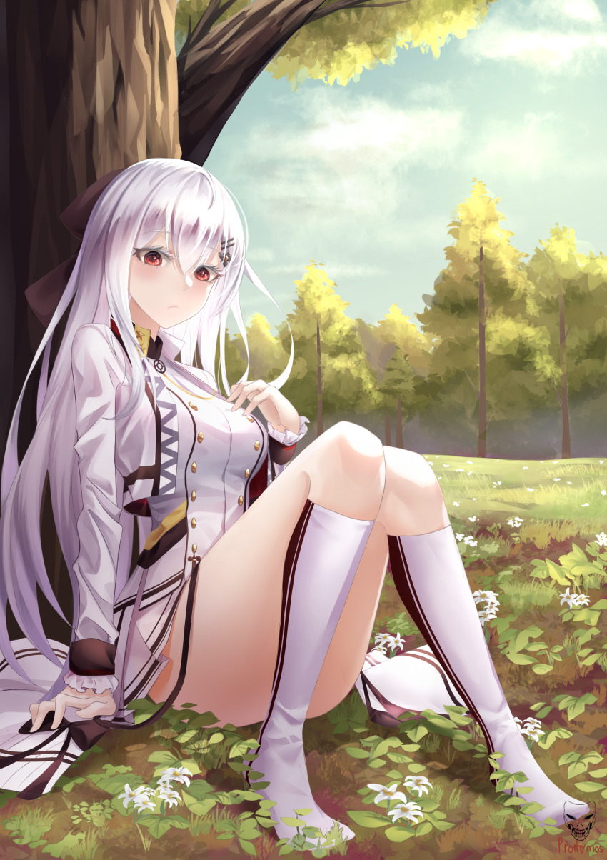 1girl, absurdres, bare_legs, blush, bow, breasts, dress, female_focus