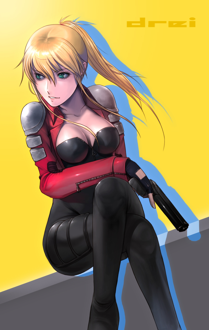 1girl, armor, bad_id, bad_pixiv_id, blonde_hair, bodysuit, breasts, cal_devens