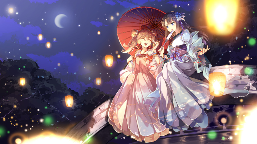 black_hair, blue_dress, blue_eyes, bridge, brown_hair, chinese_clothes, closed_eyes, crescent_moon