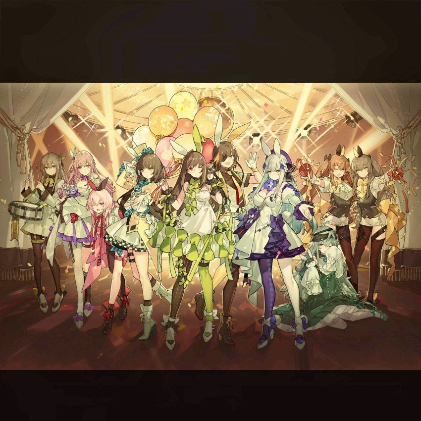 404_(girls'_frontline), 6+girls, alternate_costume, animal_ears, anti-rain_(girls'_frontline), breasts, full_body, g11_(girls'_frontline), g11_(the_rex_rabbit_in_search_of_courage)_(girls'_frontline), girls'_frontline, gloves, green_eyes, hair_ornament, highres, hk416_(girls'_frontline), hk416_(herbal-flavored_hard_candy)_(girls'_frontline), letterboxed, long_hair, looking_at_viewer, m16a1_(girls'_frontline), m16a1_(the_one-eyed_rabbit_knight)_(girls'_frontline), m4_sopmod_ii_(girls'_frontline), m4_sopmod_ii_(the_guarded_beloved)_(girls'_frontline), m4a1_(a_girl's_hot_air_balloon_adventure)_(girls'_frontline), m4a1_(girls'_frontline), multiple_girls, official_alternate_costume, rabbit_ears, ro635_(girls'_frontline), ro635_(guardian_in_the_rye)_(girls'_frontline), silver_hair, st_ar-15_(girls'_frontline), st_ar-15_(top_hat_drifting_to_the_flowers)_(girls'_frontline), starshadowmagician, ump40_(girls'_frontline), ump40_(the_wish-preserving_witch_of_shadows)_(girls'_frontline), ump45_(girls'_frontline), ump45_(the_wish-making_sorceress_of_fireworks)_(girls'_frontline), ump9_(girls'_frontline), ump9_(the_wish-granting_sorceress_of_fireworks)_(girls'_frontline), very_long_hair