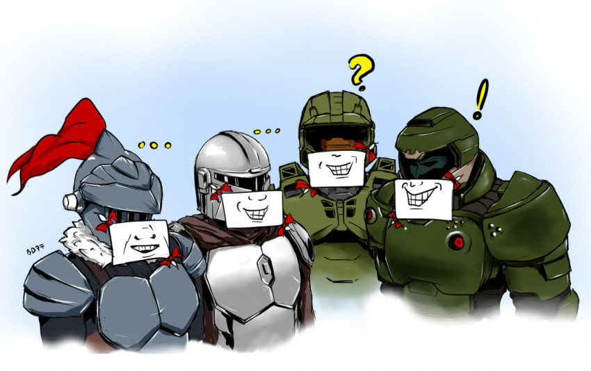 4boys, animification, armor, bd77, blue_background, comically_serious, commentary, cropped_torso, crossover, din_djarin, doom_(series), doomguy, english_commentary, faceless, faceless_male, goblin_slayer, goblin_slayer!, halo_(game), halo_(series), looking_ahead, looking_to_the_side, male_focus, master_chief, me_and_the_boys_(meme), meme, multiple_boys, multiple_crossover, parody, plume, power_armor, spartan_(halo), star_wars, the_mandalorian, trait_connection, visor
