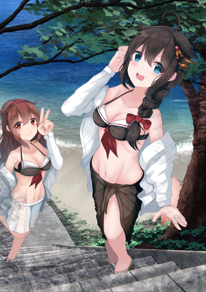 2girls, absurdres, adapted_costume, ahoge, beach, bikini, black_bikini, black_hair