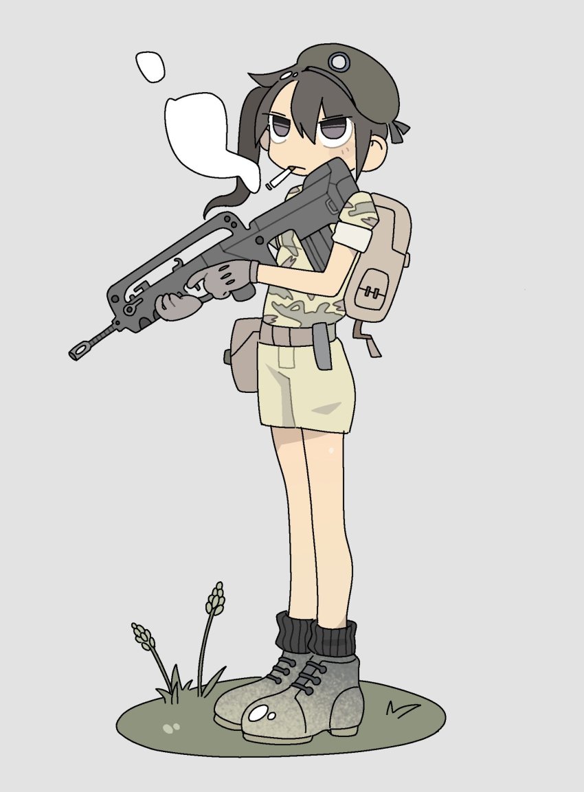 1girl, assault_rifle, backpack, bag, beret, black_hair, brown_eyes, bullpup, camouflage, cigarette, famas, female_focus, full_body, gloves, gun, hat, highres, kofji_(artist), original, rifle, short_shorts, shorts, side_ponytail, simple_background, smoke, smoking, solo, standing, weapon
